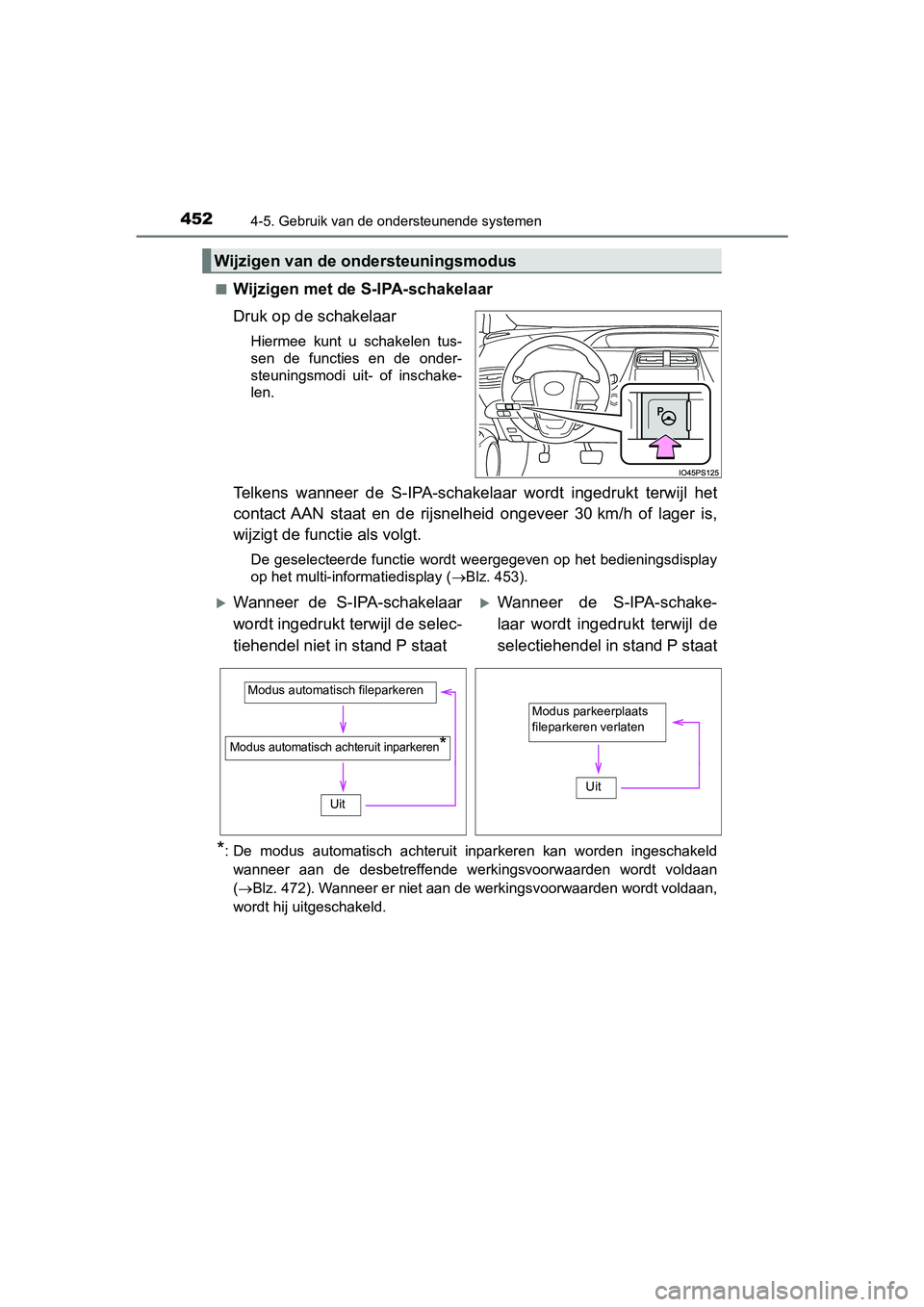 TOYOTA PRIUS 2019 Instructieboekje (in Dutch) 4524-5. Gebruik van de ondersteunende systemen
PRIUS_OM_OM47C37E_(EE)■
Wijzigen met de S-IPA-schakelaar
Druk op de schakelaar
Hiermee kunt u schakelen tus-
sen de functies en de onder-
steu TOYOTA PRIUS 2019 Instructieboekje (in Dutch) 4524-5. Gebruik van de ondersteunende systemen
PRIUS_OM_OM47C37E_(EE)■
Wijzigen met de S-IPA-schakelaar
Druk op de schakelaar
Hiermee kunt u schakelen tus-
sen de functies en de onder-
steu