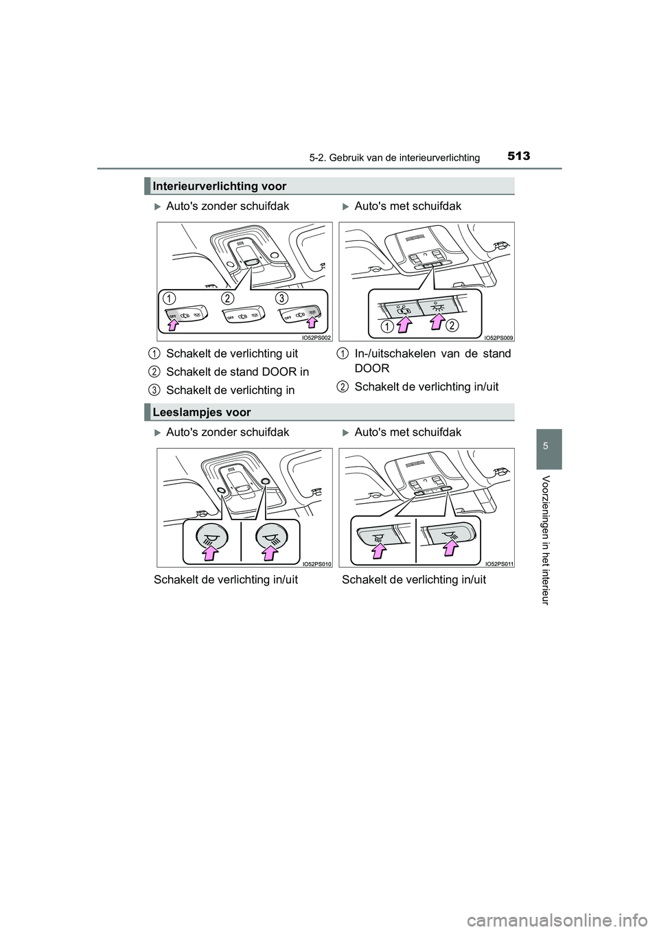 TOYOTA PRIUS 2019  Instructieboekje (in Dutch) 5135-2. Gebruik van de interieurverlichting
PRIUS_OM_OM47C37E_(EE)
5
Voorzieningen in het interieur
Interieurverlichting voor
Auto's zonder schuifdakAuto's met schuifdak
Schakelt de verl