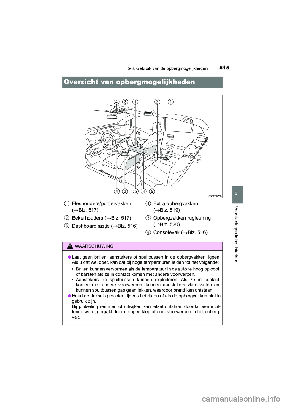 TOYOTA PRIUS 2019  Instructieboekje (in Dutch) 5155-3. Gebruik van de opbergmogelijkheden
PRIUS_OM_OM47C37E_(EE)
5
Voorzieningen in het interieur
Overzicht van opber gmogelijkheden
Fleshouders/portiervakken 
( Blz. 517)
Bekerhouders ( Blz. 5