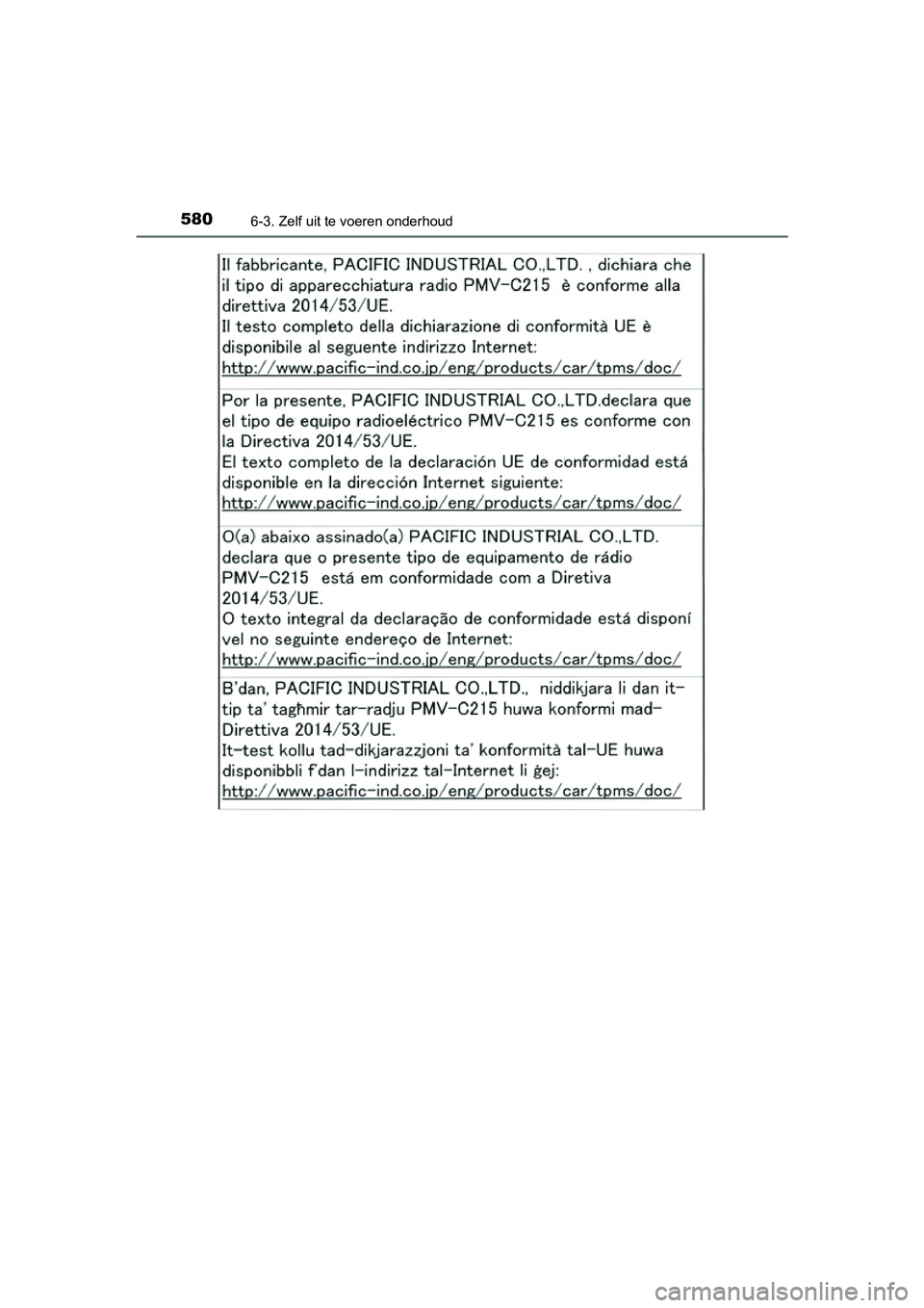 TOYOTA PRIUS 2019 Instructieboekje (in Dutch) 5806-3. Zelf uit te voeren onderhoud
PRIUS_OM_OM47C37E_(EE)
PRIUS_OM_OM47C37E_(EE).book Page 580 Tuesday, November 20, 2018 2:06 PM TOYOTA PRIUS 2019 Instructieboekje (in Dutch) 5806-3. Zelf uit te voeren onderhoud
PRIUS_OM_OM47C37E_(EE)
PRIUS_OM_OM47C37E_(EE).book Page 580 Tuesday, November 20, 2018 2:06 PM