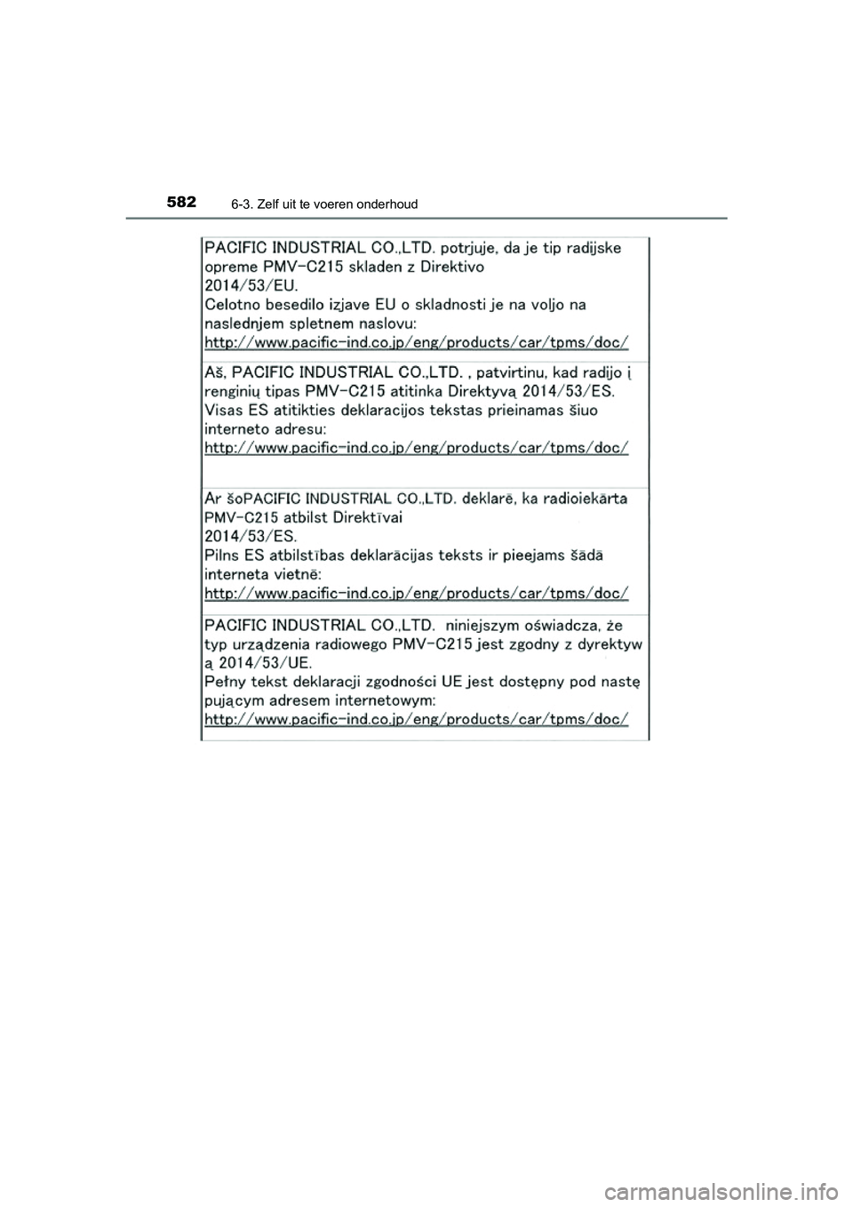 TOYOTA PRIUS 2019 Instructieboekje (in Dutch) 5826-3. Zelf uit te voeren onderhoud
PRIUS_OM_OM47C37E_(EE)
PRIUS_OM_OM47C37E_(EE).book Page 582 Tuesday, November 20, 2018 2:06 PM TOYOTA PRIUS 2019 Instructieboekje (in Dutch) 5826-3. Zelf uit te voeren onderhoud
PRIUS_OM_OM47C37E_(EE)
PRIUS_OM_OM47C37E_(EE).book Page 582 Tuesday, November 20, 2018 2:06 PM