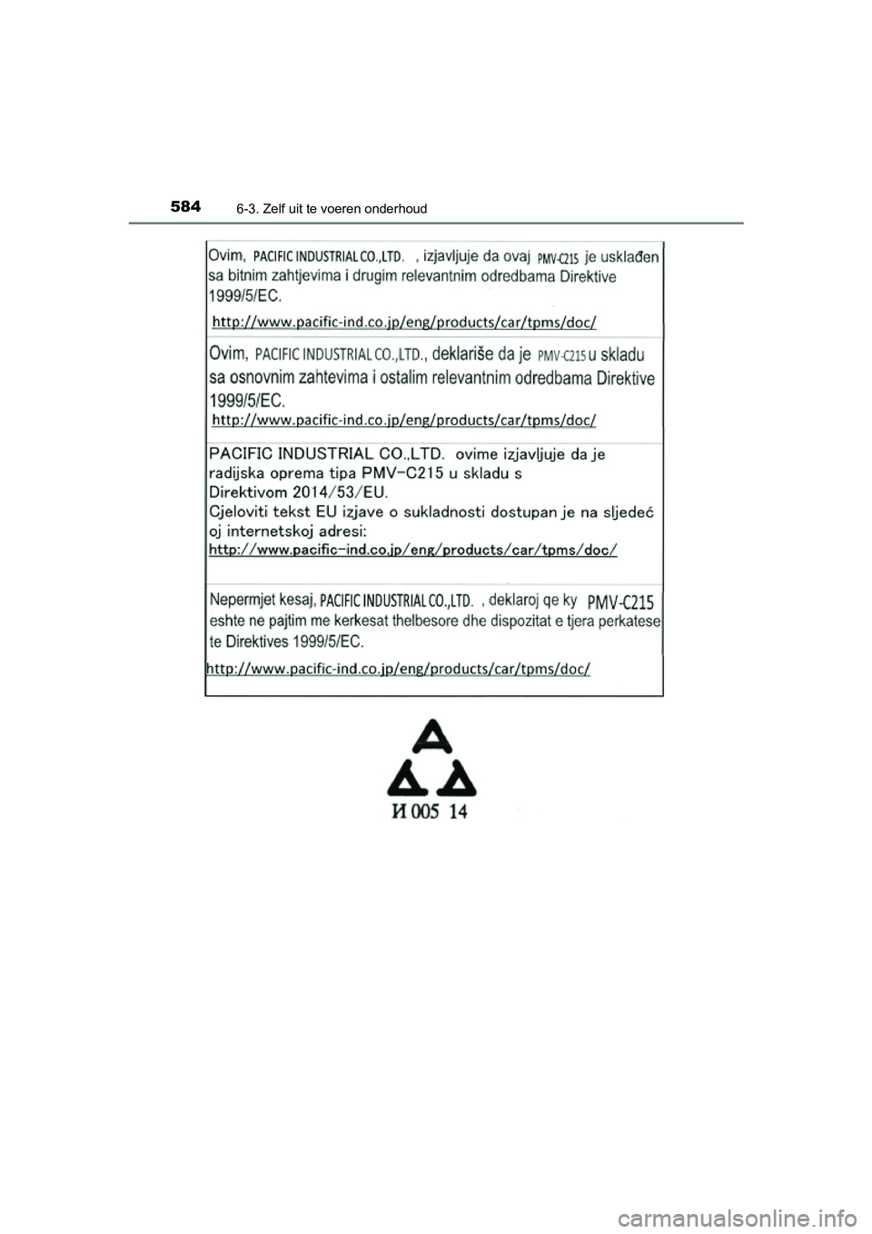 TOYOTA PRIUS 2019 Instructieboekje (in Dutch) 5846-3. Zelf uit te voeren onderhoud
PRIUS_OM_OM47C37E_(EE)
PRIUS_OM_OM47C37E_(EE).book Page 584 Tuesday, November 20, 2018 2:06 PM TOYOTA PRIUS 2019 Instructieboekje (in Dutch) 5846-3. Zelf uit te voeren onderhoud
PRIUS_OM_OM47C37E_(EE)
PRIUS_OM_OM47C37E_(EE).book Page 584 Tuesday, November 20, 2018 2:06 PM