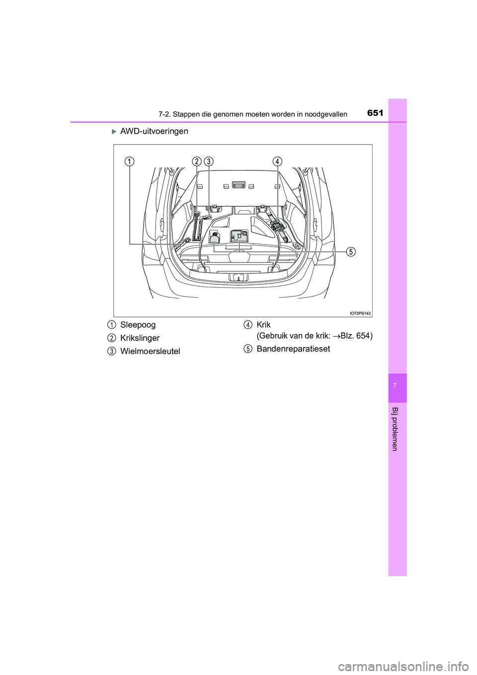 TOYOTA PRIUS 2019  Instructieboekje (in Dutch) 6517-2. Stappen die genomen moeten worden in noodgevallen
PRIUS_OM_OM47C37E_(EE)
7
Bij problemen
AWD-uitvoeringen
Sleepoog
Krikslinger
WielmoersleutelKrik 
(Gebruik van de krik: 
Blz. 654)
Bande