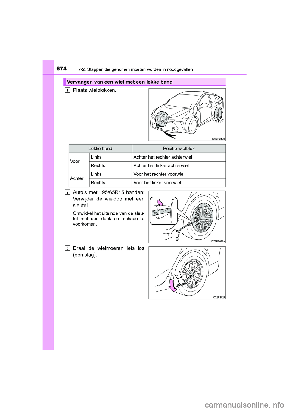 TOYOTA PRIUS 2019 Instructieboekje (in Dutch) 6747-2. Stappen die genomen moeten worden in noodgevallen
PRIUS_OM_OM47C37E_(EE)
Plaats wielblokken.
Auto's met 195/65R15 banden:
Verwijder de wieldop met een
sleutel.
Omwikkel het uiteinde TOYOTA PRIUS 2019 Instructieboekje (in Dutch) 6747-2. Stappen die genomen moeten worden in noodgevallen
PRIUS_OM_OM47C37E_(EE)
Plaats wielblokken.
Auto's met 195/65R15 banden:
Verwijder de wieldop met een
sleutel.
Omwikkel het uiteinde