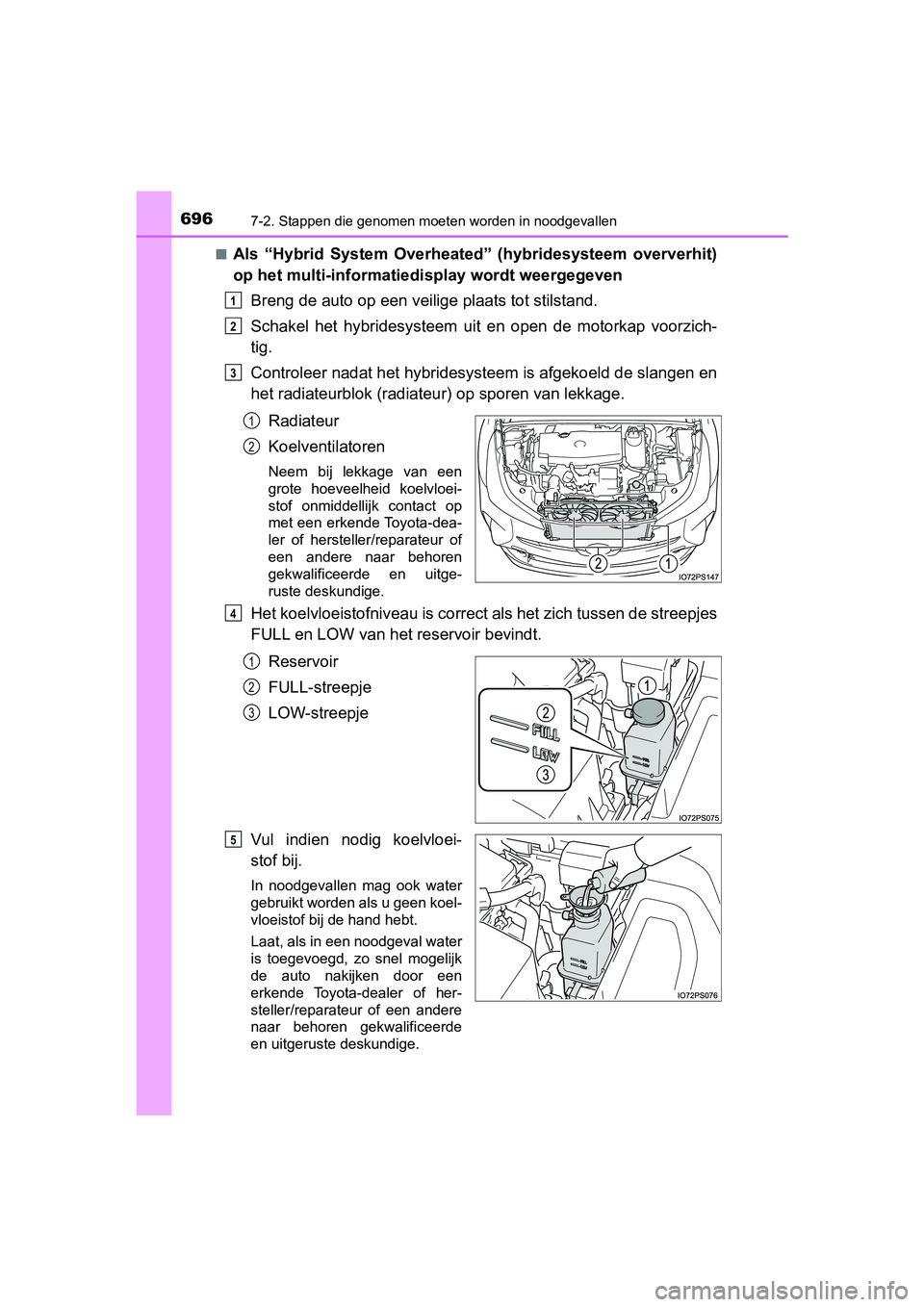 TOYOTA PRIUS 2019 Instructieboekje (in Dutch) 6967-2. Stappen die genomen moeten worden in noodgevallen
PRIUS_OM_OM47C37E_(EE)
■Als “Hybrid System Overheated” (hybridesysteem oververhit)
op het multi-informatiedisplay wordt weergegeven TOYOTA PRIUS 2019 Instructieboekje (in Dutch) 6967-2. Stappen die genomen moeten worden in noodgevallen
PRIUS_OM_OM47C37E_(EE)
■Als “Hybrid System Overheated” (hybridesysteem oververhit)
op het multi-informatiedisplay wordt weergegeven