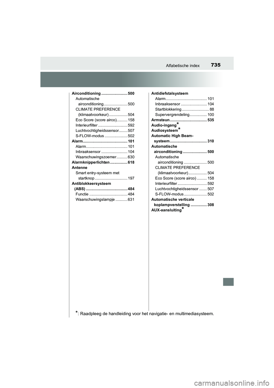 TOYOTA PRIUS 2019  Instructieboekje (in Dutch) 735Alfabetische index
PRIUS_OM_OM47C37E_(EE)
Airconditioning ........................ 500Automatische 
airconditioning...................... 500
CLIMATE PREFERENCE  (klimaatvoorkeur) .................