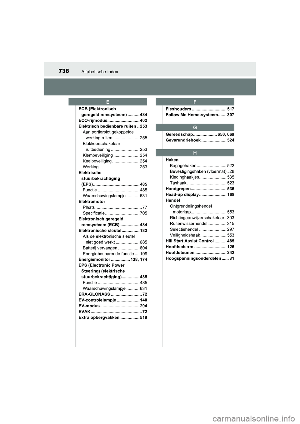 TOYOTA PRIUS 2019  Instructieboekje (in Dutch) 738Alfabetische index
PRIUS_OM_OM47C37E_(EE)
ECB (Elektronisch geregeld remsysteem) .......... 484
ECO-rijmodus........................... 402
Elektrisch bedienbare ruiten .. 253 Aan portierslot gekop
