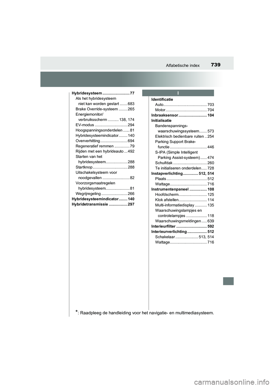 TOYOTA PRIUS 2019  Instructieboekje (in Dutch) 739Alfabetische index
PRIUS_OM_OM47C37E_(EE)
Hybridesysteem ......................... 77Als het hybridesysteem 
niet kan worden gestart ....... 683
Brake Override-systeem ........ 265
Energiemonitor/ 