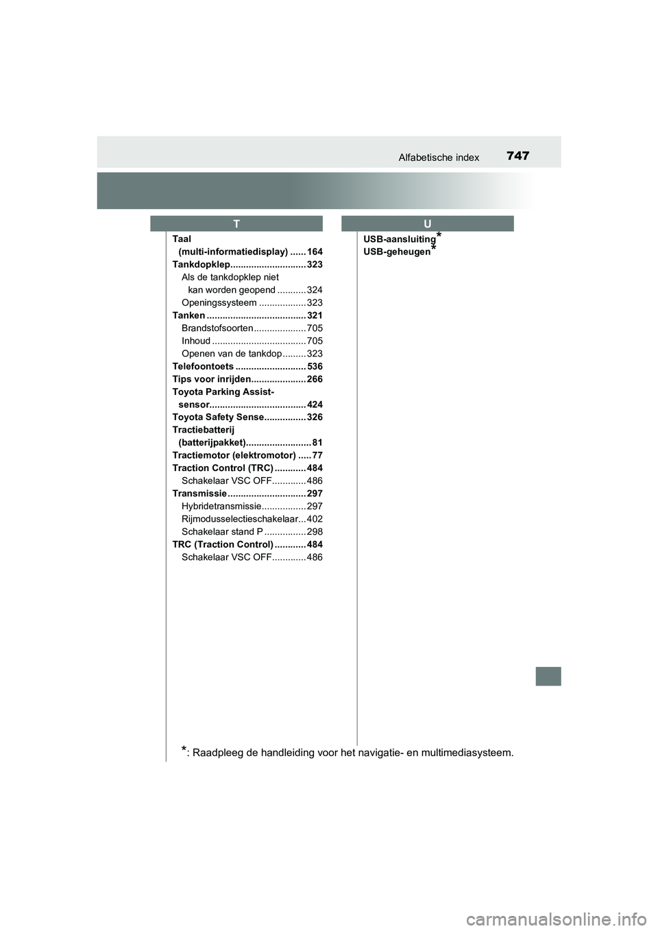 TOYOTA PRIUS 2019  Instructieboekje (in Dutch) 747Alfabetische index
PRIUS_OM_OM47C37E_(EE)
Taal (multi-informatiedisplay) ...... 164
Tankdopklep............................. 323 Als de tankdopklep niet kan worden geopend ........... 324
Openingss