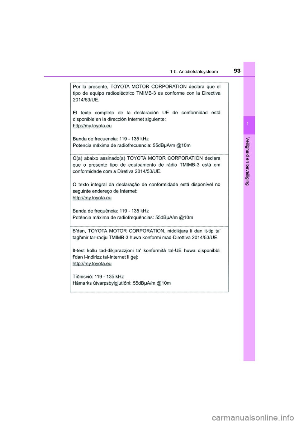 TOYOTA PRIUS 2019  Instructieboekje (in Dutch) 931-5. Antidiefstalsysteem
1
PRIUS_OM_OM47C37E_(EE)
Veiligheid en beveiliging
PRIUS_OM_OM47C37E_(EE).book  Page 93  Tuesday, November 20, 2018  2:06 PM 