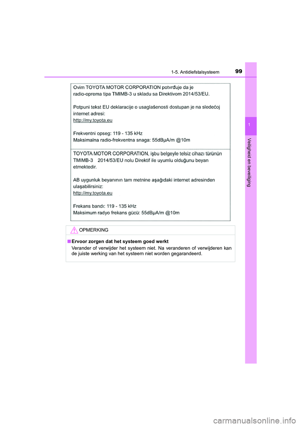 TOYOTA PRIUS 2019  Instructieboekje (in Dutch) 991-5. Antidiefstalsysteem
1
PRIUS_OM_OM47C37E_(EE)
Veiligheid en beveiliging
OPMERKING
■Ervoor zorgen dat het systeem goed werkt
Verander  of  verwijder  het  systeem  niet.  Na  veranderen  of  ve