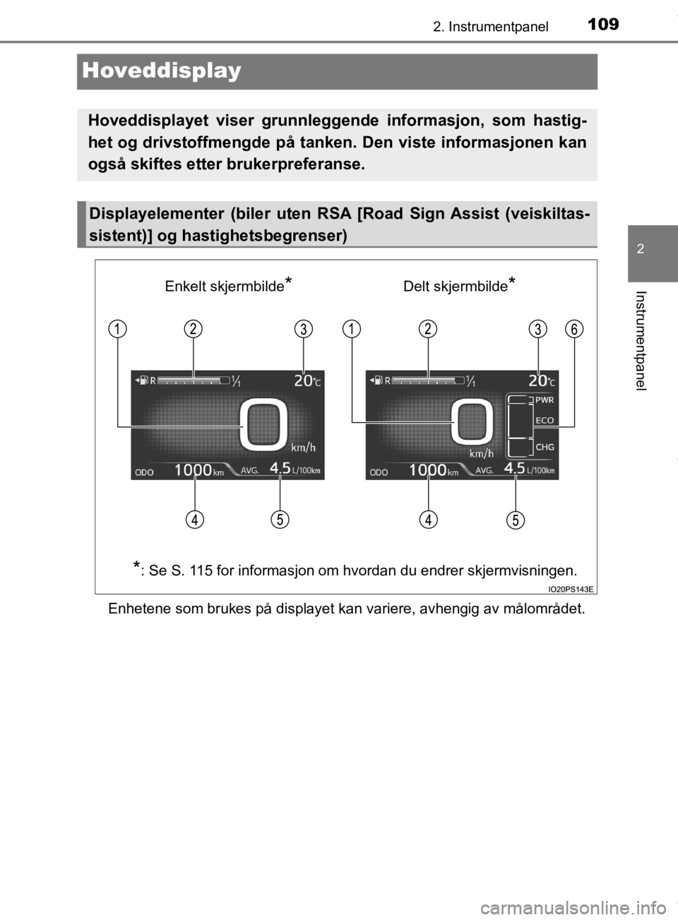 TOYOTA PRIUS 2019 Instruksjoner for bruk (in Norwegian) 109
2
2. Instrumentpanel
Instrumentpanel
OM47D46NO
Hoveddisplay
Enhetene som brukes på displayet kan variere, avhengig av målområdet.\
Hoveddisplayet viser grunnleggende informasjon, som hastig-
h TOYOTA PRIUS 2019 Instruksjoner for bruk (in Norwegian) 109
2
2. Instrumentpanel
Instrumentpanel
OM47D46NO
Hoveddisplay
Enhetene som brukes på displayet kan variere, avhengig av målområdet.\
Hoveddisplayet viser grunnleggende informasjon, som hastig-
h