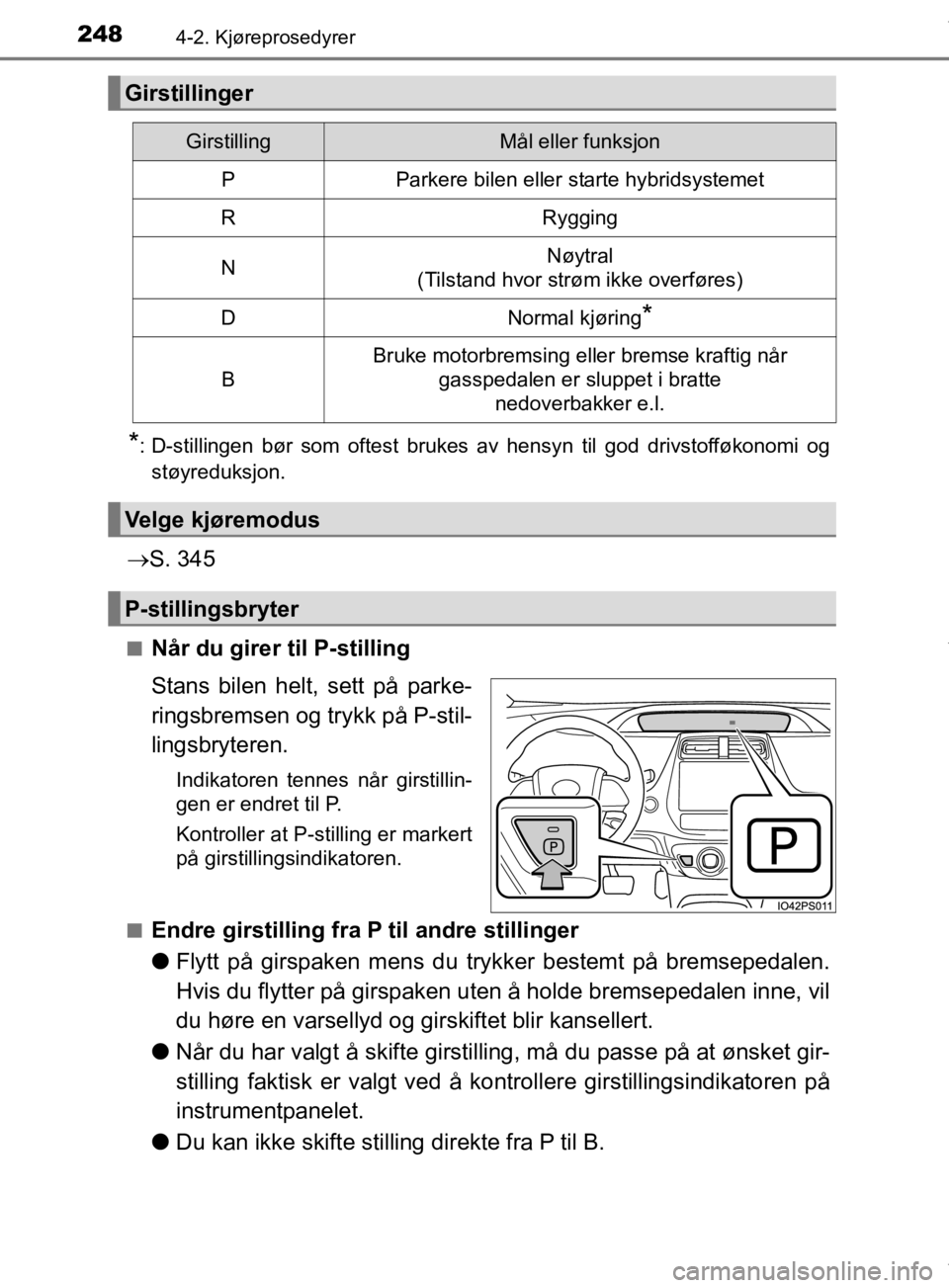 TOYOTA PRIUS 2019 Instruksjoner for bruk (in Norwegian) 2484-2. Kjøreprosedyrer
OM47D46NO
*: D-stillingen bør som oftest brukes av hensyn til god drivstofføkonomi ogstøyreduksjon.
S. 345
nNår du girer til P-stilling
Stans bilen helt, sett på park TOYOTA PRIUS 2019 Instruksjoner for bruk (in Norwegian) 2484-2. Kjøreprosedyrer
OM47D46NO
*: D-stillingen bør som oftest brukes av hensyn til god drivstofføkonomi ogstøyreduksjon.
S. 345
nNår du girer til P-stilling
Stans bilen helt, sett på park