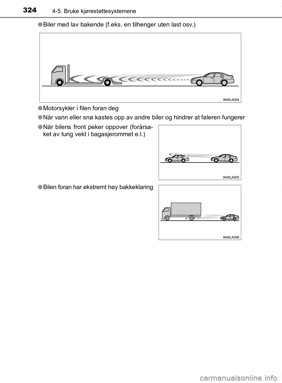 TOYOTA PRIUS 2019 Instruksjoner for bruk (in Norwegian) 3244-5. Bruke kjørestøttesystemene
OM47D46NOl
Biler med lav bakende (f.eks. en tilhenger uten last osv.)
l Motorsykler i filen foran deg
l Når vann eller snø kastes opp av andre biler og hindrer a TOYOTA PRIUS 2019 Instruksjoner for bruk (in Norwegian) 3244-5. Bruke kjørestøttesystemene
OM47D46NOl
Biler med lav bakende (f.eks. en tilhenger uten last osv.)
l Motorsykler i filen foran deg
l Når vann eller snø kastes opp av andre biler og hindrer a