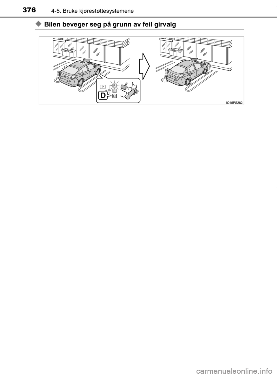 TOYOTA PRIUS 2019 Instruksjoner for bruk (in Norwegian) 3764-5. Bruke kjørestøttesystemene
OM47D46NO
uBilen beveger seg på grunn av feil girvalg
OM47D46NO.book Page 376 Tuesday, August 27, 2019 12:55 PM TOYOTA PRIUS 2019 Instruksjoner for bruk (in Norwegian) 3764-5. Bruke kjørestøttesystemene
OM47D46NO
uBilen beveger seg på grunn av feil girvalg
OM47D46NO.book Page 376 Tuesday, August 27, 2019 12:55 PM