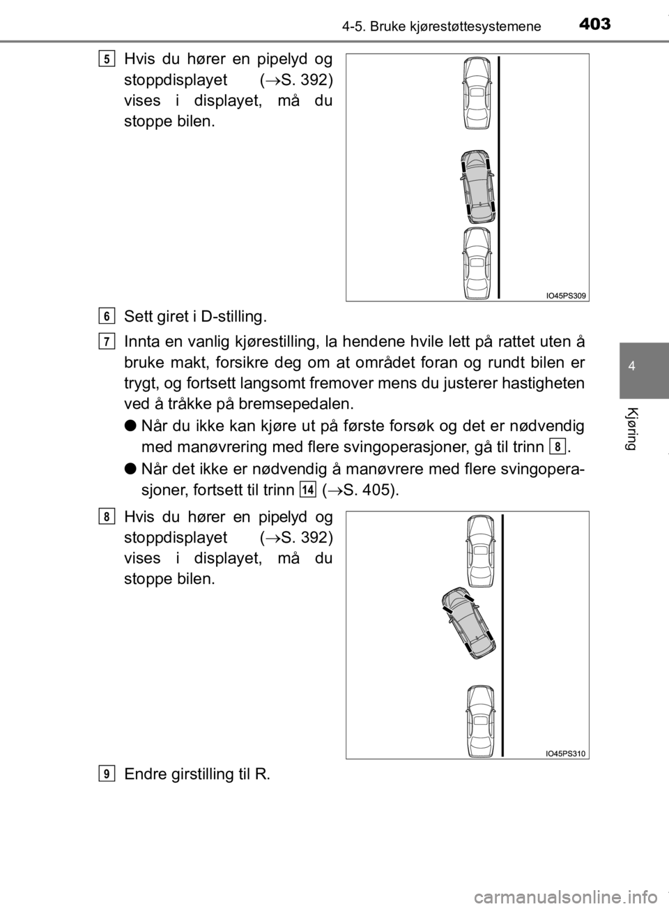 TOYOTA PRIUS 2019 Instruksjoner for bruk (in Norwegian) 4034-5. Bruke kjørestøttesystemene
4
Kjøring
OM47D46NO
Hvis du hører en pipelyd og
stoppdisplayet (S. 392)
vises i displayet, må du
stoppe bilen.
Sett giret i D-stilling.
Innta en vanlig kjør TOYOTA PRIUS 2019 Instruksjoner for bruk (in Norwegian) 4034-5. Bruke kjørestøttesystemene
4
Kjøring
OM47D46NO
Hvis du hører en pipelyd og
stoppdisplayet (S. 392)
vises i displayet, må du
stoppe bilen.
Sett giret i D-stilling.
Innta en vanlig kjør