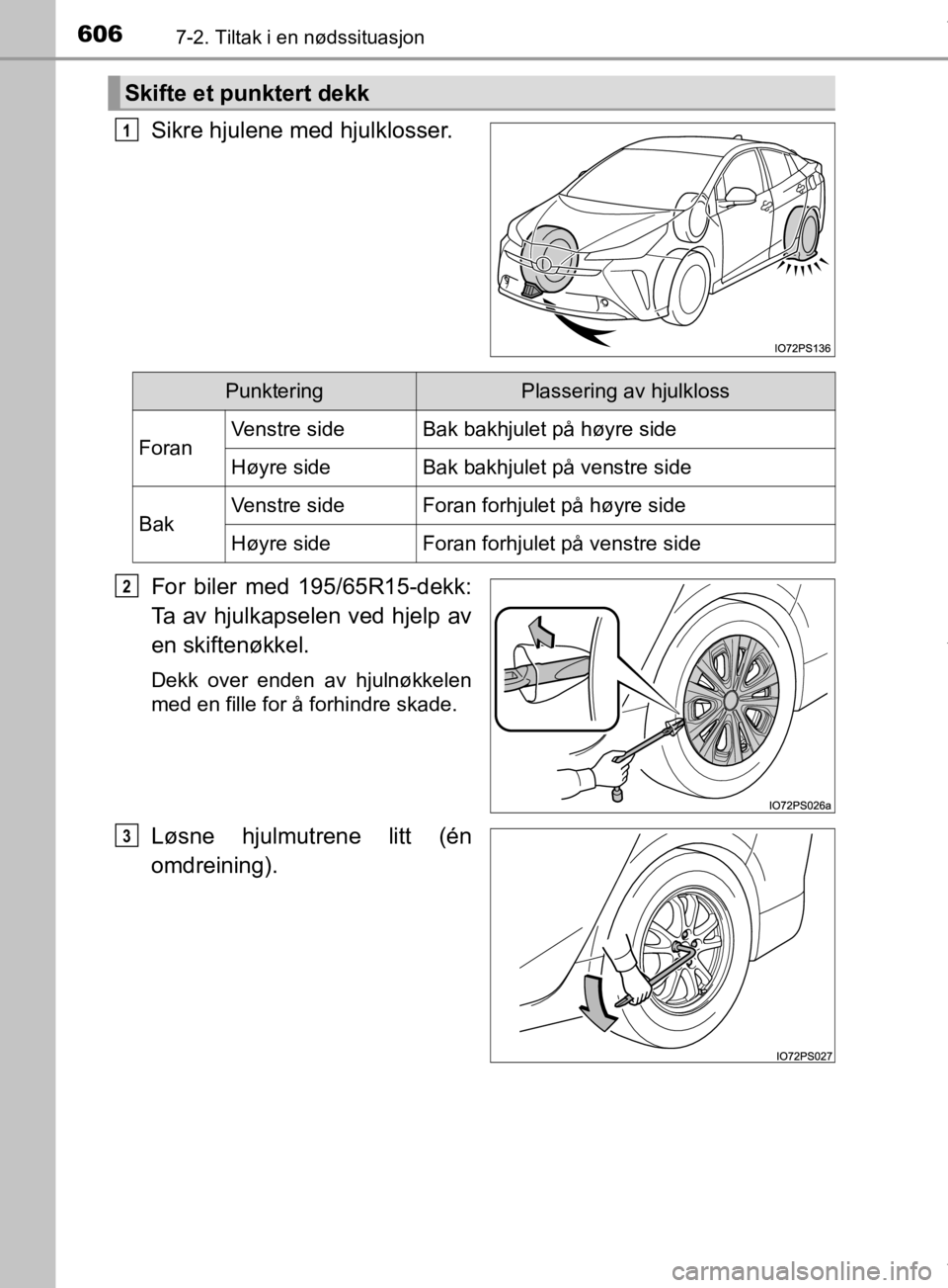 TOYOTA PRIUS 2019  Instruksjoner for bruk (in Norwegian) 6067-2. Tiltak i en nødssituasjon
OM47D46NO
Sikre hjulene med hjulklosser.
For biler med 195/65R15-dekk:
Ta av hjulkapselen ved hjelp av
en skiftenøkkel.
Dekk over enden av hjulnøkkelen
med en fill
