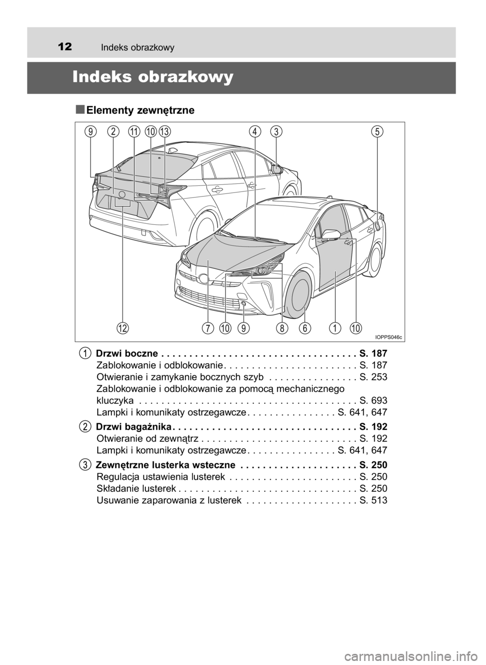 TOYOTA PRIUS 2019  Instrukcja obsługi (in Polish) Indeks obrazkowy12
Indeks obrazkowy
Elementy zewn´trzne
Drzwi boczne . . . . . . . . . . . . . . . . . . . . . . . . . . . . . . . . . . . S. 187
Zablokowanie i odblokowanie . . . . . . . . . . . . .