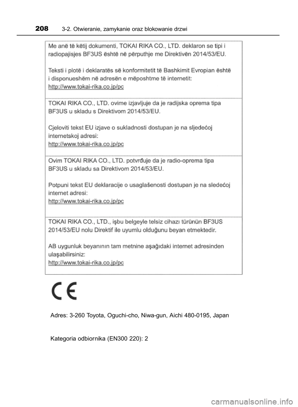 TOYOTA PRIUS 2019  Instrukcja obsługi (in Polish) 2083-2. Otwieranie, zamykanie oraz blokowanie drzwi
Adres: 3-260 Toyota, Oguchi-cho, Niwa-gun, Aichi 480-0195, Japan
Kategoria odbiornika (EN300 220): 2
30 PRIUS OM47D46E  7/8/19  10:34  Page 208    (