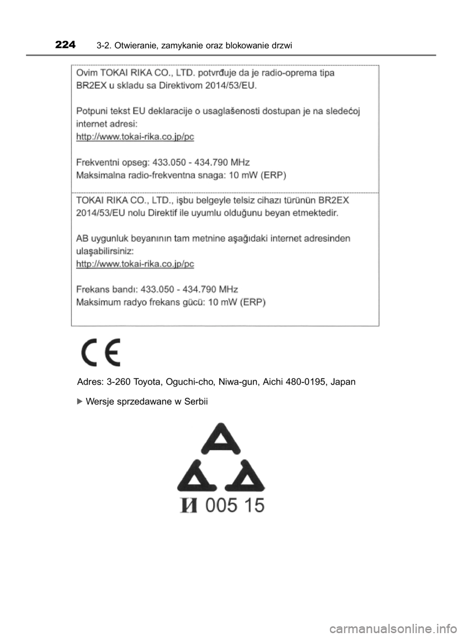 TOYOTA PRIUS 2019  Instrukcja obsługi (in Polish) 2243-2. Otwieranie, zamykanie oraz blokowanie drzwi
Adres: 3-260 Toyota, Oguchi-cho, Niwa-gun, Aichi 480-0195, Japan
ó Wersje sprzedawane w Serbii
30 PRIUS OM47D46E  7/8/19  10:34  Page 224    (Black