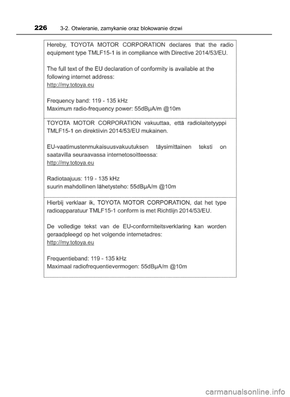 TOYOTA PRIUS 2019  Instrukcja obsługi (in Polish) 2263-2. Otwieranie, zamykanie oraz blokowanie drzwi
30 PRIUS OM47D46E  7/8/19  10:34  Page 226    (Black plate) 