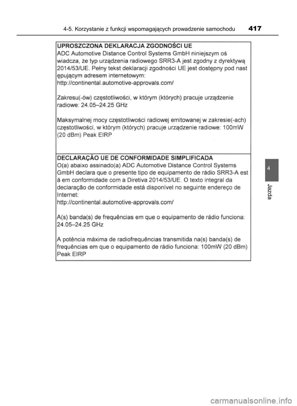 TOYOTA PRIUS 2019 Instrukcja obsługi (in Polish) 4-5. Korzystanie z funkcji wspomagajàcych prowadzenie samochodu417
4
Jazda
30 PRIUS OM47D46E 7/8/19 10:35 Page 417 (Black plate) TOYOTA PRIUS 2019 Instrukcja obsługi (in Polish) 4-5. Korzystanie z funkcji wspomagajàcych prowadzenie samochodu417
4
Jazda
30 PRIUS OM47D46E 7/8/19 10:35 Page 417 (Black plate)
