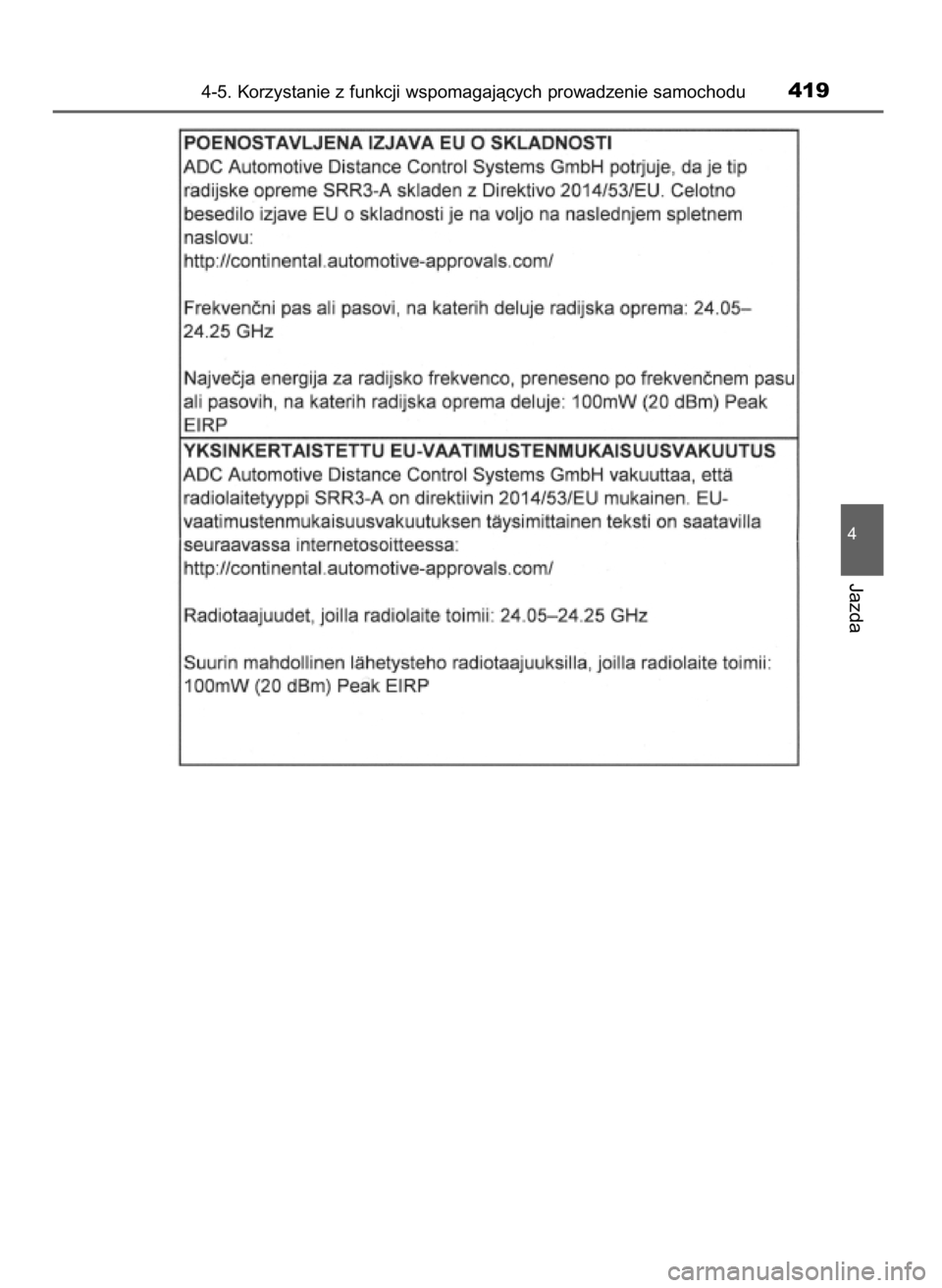 TOYOTA PRIUS 2019 Instrukcja obsługi (in Polish) 4-5. Korzystanie z funkcji wspomagajàcych prowadzenie samochodu419
4
Jazda
30 PRIUS OM47D46E 7/8/19 10:35 Page 419 (Black plate) TOYOTA PRIUS 2019 Instrukcja obsługi (in Polish) 4-5. Korzystanie z funkcji wspomagajàcych prowadzenie samochodu419
4
Jazda
30 PRIUS OM47D46E 7/8/19 10:35 Page 419 (Black plate)
