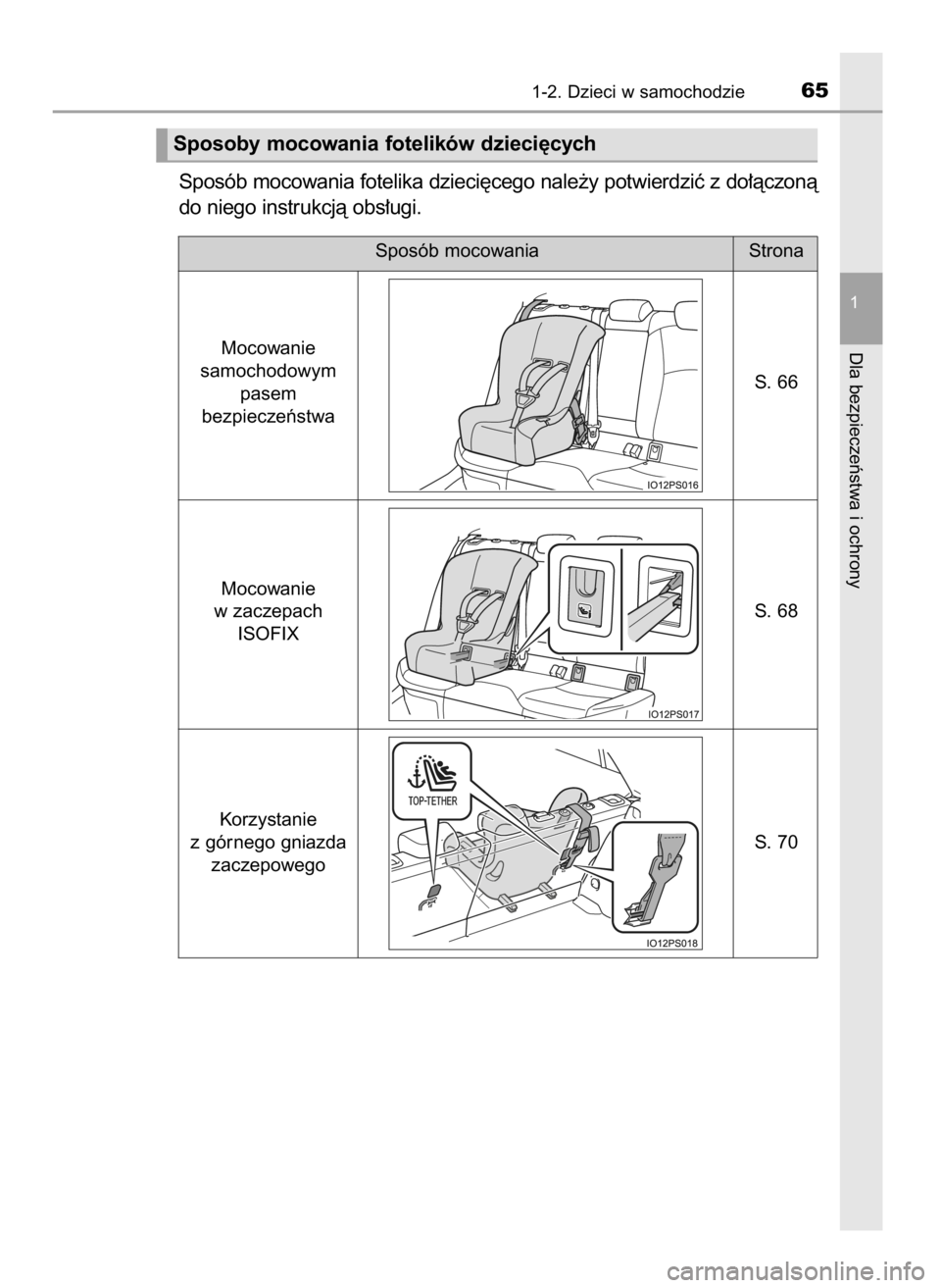 TOYOTA PRIUS 2019  Instrukcja obsługi (in Polish) Sposób mocowania fotelika dzieci´cego nale˝y potwierdziç z do∏àczonà
do niego instrukcjà obs∏ugi.
1-2. Dzieci w samochodzie65
1
Dla bezpieczeƒstwa i ochrony
Sposoby mocowania fotelików dz