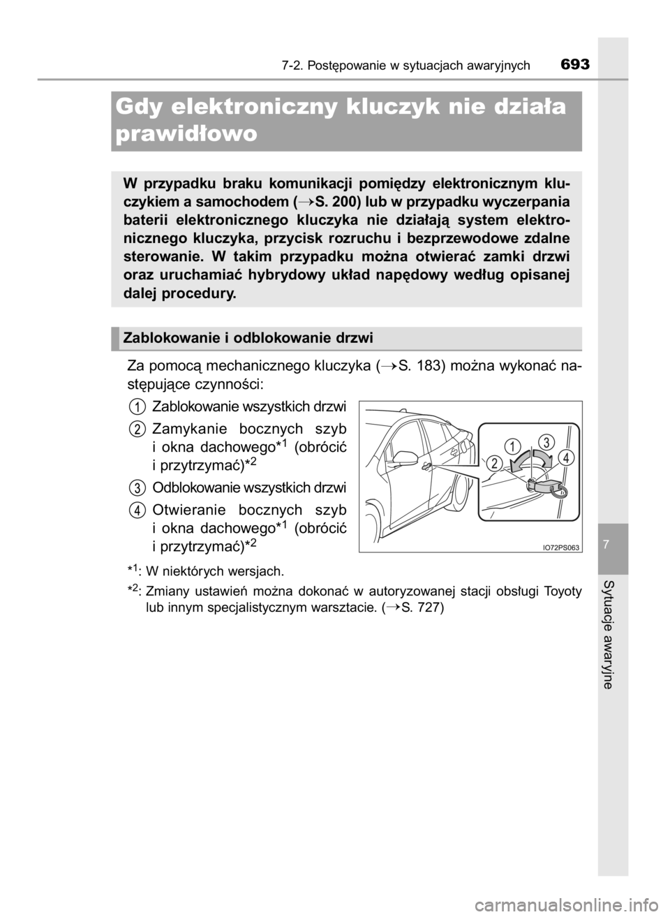 TOYOTA PRIUS 2019  Instrukcja obsługi (in Polish) Za pomocà mechanicznego kluczyka (S. 183) mo˝na wykonaç na-
st´pujàce czynnoÊci:
Zablokowanie wszystkich drzwi
Zamykanie  bocznych  szyb
i okna  dachowego*
1(obróciç
i przytrzymaç)*2
Odbloko