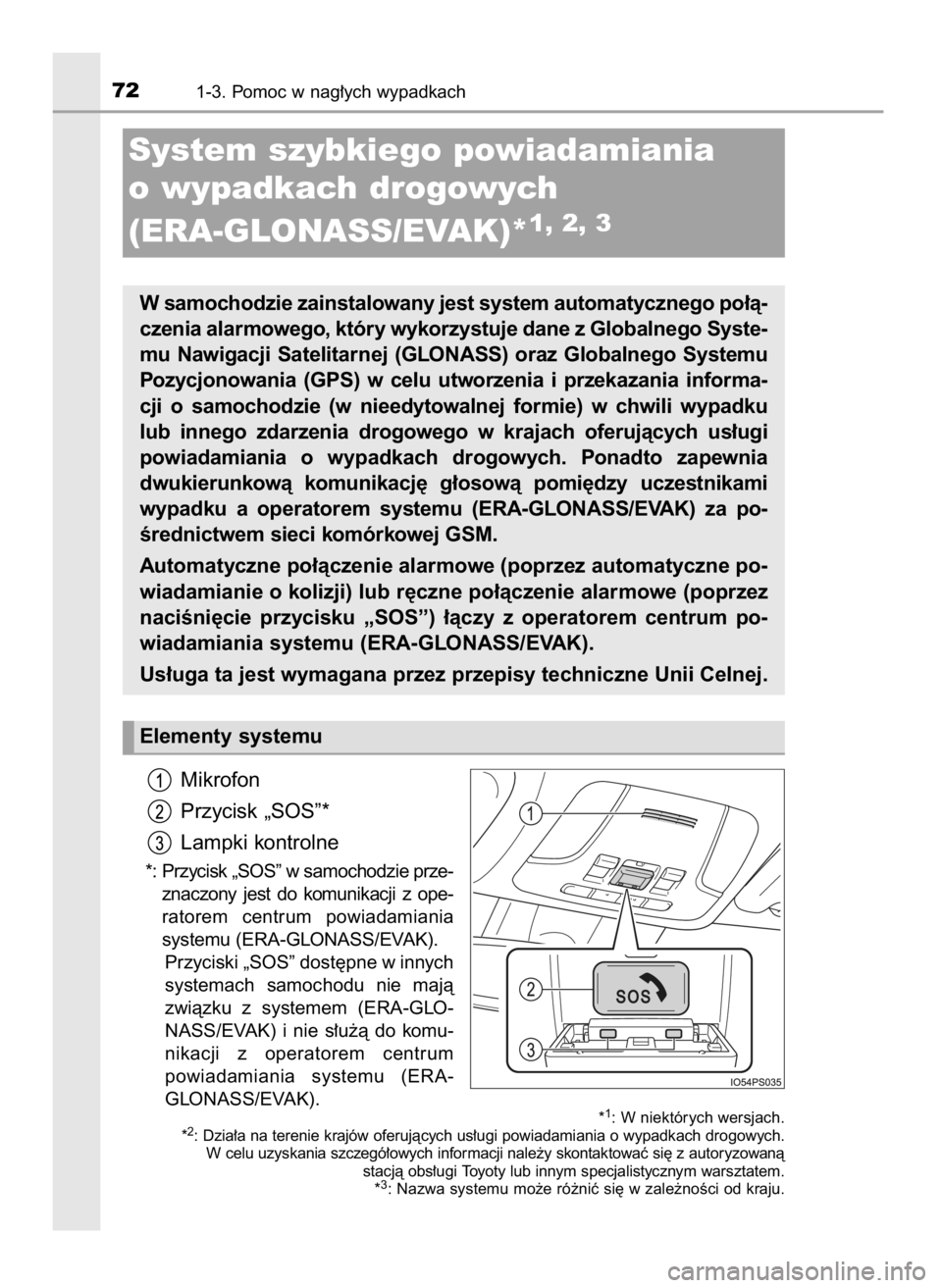 TOYOTA PRIUS 2019  Instrukcja obsługi (in Polish) Mikrofon
Przycisk „SOS”*
Lampki kontrolne
*: Przycisk „SOS” w samochodzie prze-
znaczony  jest  do  komunikacji  z ope-
ratorem  centrum  powiadamiania 
systemu (ERA-GLONASS/EVAK).
Przyciski 