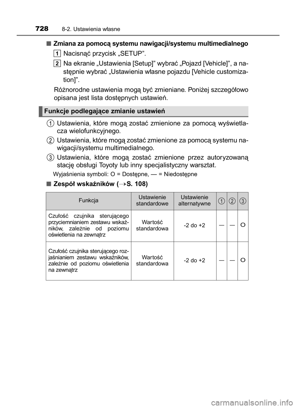 TOYOTA PRIUS 2019  Instrukcja obsługi (in Polish) Zmiana za pomocà systemu nawigacji/systemu multimedialnego
Nacisnàç przycisk „SETUP”.
Na ekranie „Ustawienia [Setup]” wybraç „Pojazd [Vehicle]”, a na-
st´pnie wybraç „Ustawienia w