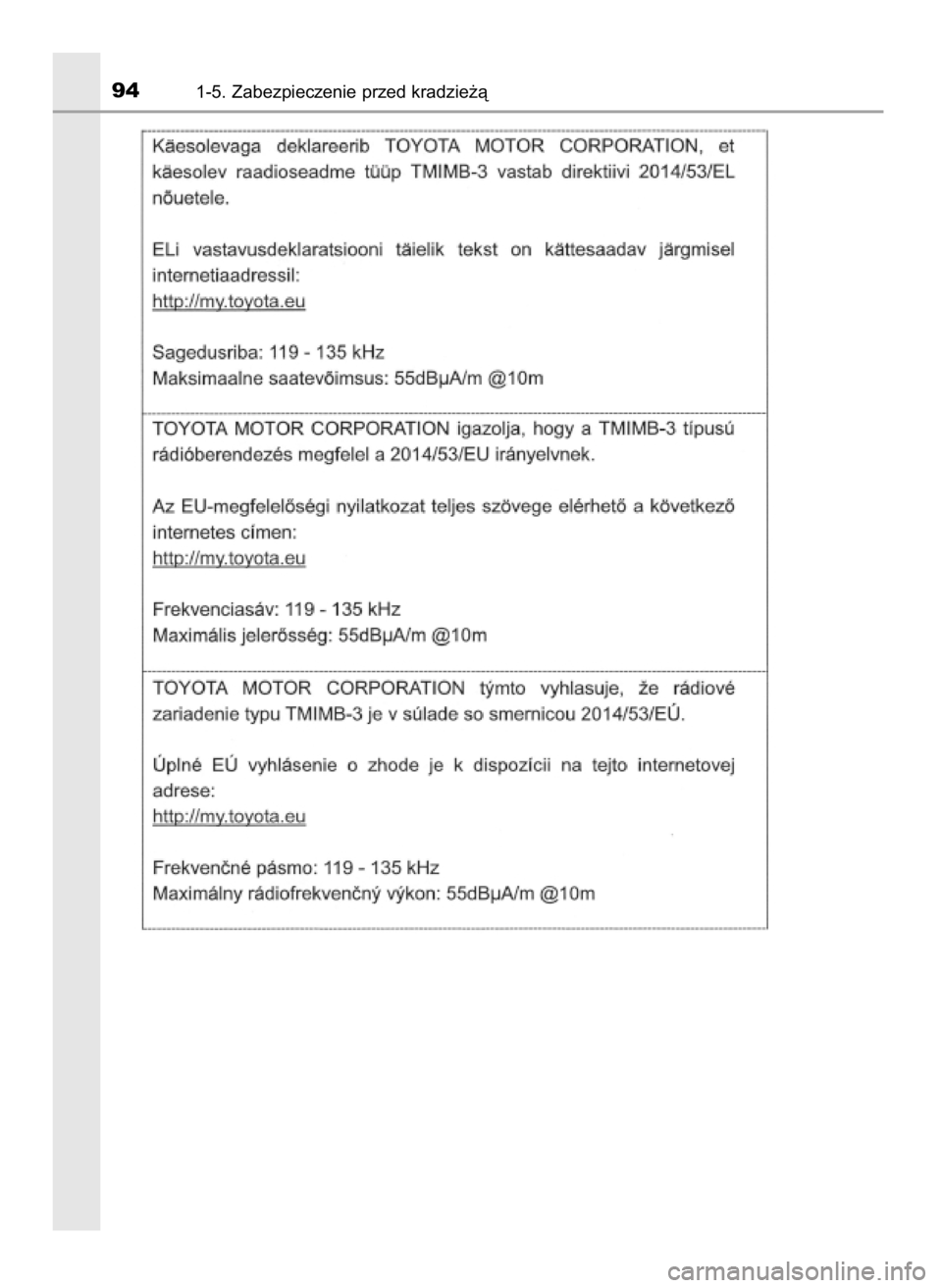 TOYOTA PRIUS 2019  Instrukcja obsługi (in Polish) 941-5. Zabezpieczenie przed kradzie˝à
30 PRIUS OM47D46E  7/8/19  10:33  Page 94    (Black plate) 
