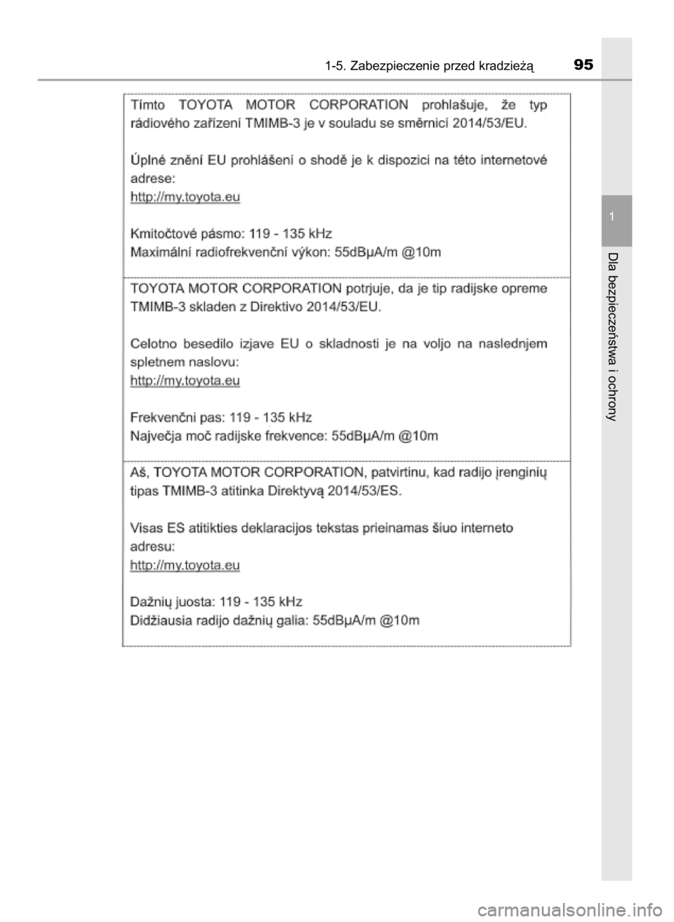 TOYOTA PRIUS 2019  Instrukcja obsługi (in Polish) 1-5. Zabezpieczenie przed kradzie˝à95
1
Dla bezpieczeƒstwa i ochrony
30 PRIUS OM47D46E  7/8/19  10:33  Page 95    (Black plate) 