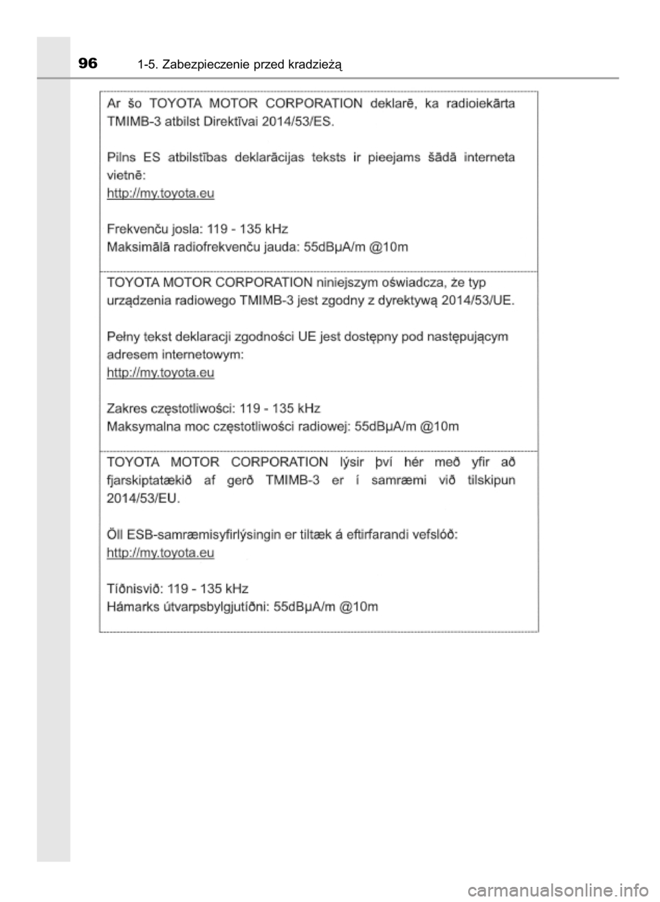 TOYOTA PRIUS 2019  Instrukcja obsługi (in Polish) 961-5. Zabezpieczenie przed kradzie˝à
30 PRIUS OM47D46E  7/8/19  10:33  Page 96    (Black plate) 