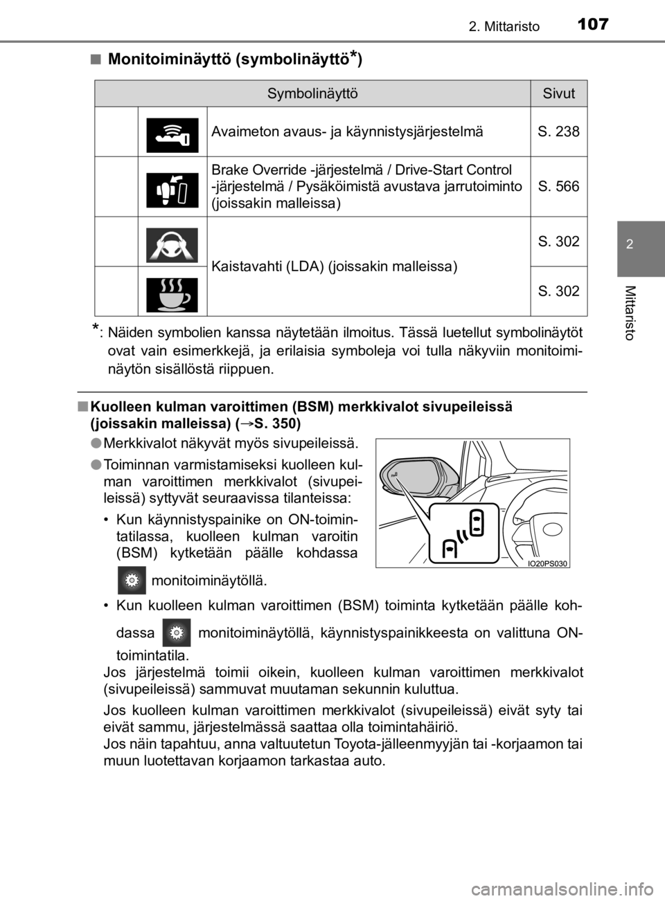TOYOTA PRIUS 2019  Omistajan Käsikirja (in Finnish) 1072. Mittaristo
2
Mittaristo
OM47D46FIn
Monitoiminäyttö (symbolinäyttö*)
*: Näiden symbolien kanssa näytetään ilmoitus. Tässä luetellut symbolinäytöt
ovat vain esimerkkejä, ja erilaisia 