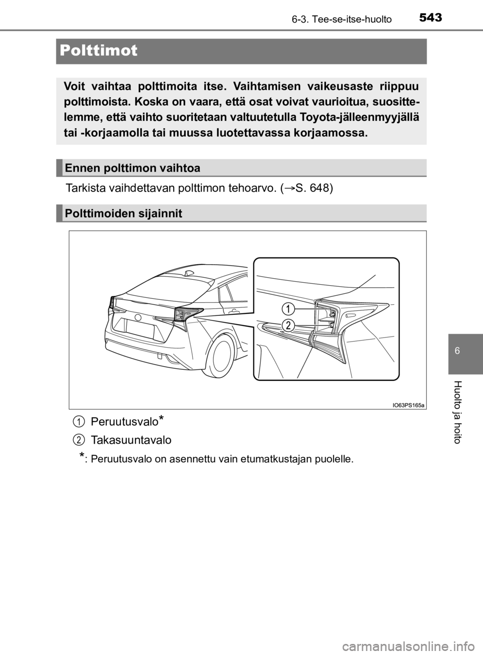 TOYOTA PRIUS 2019  Omistajan Käsikirja (in Finnish) 5436-3. Tee-se-itse-huolto
6
Huolto ja hoito
OM47D46FI
Polttimot
Tarkista vaihdettavan polttimon tehoarvo. (S. 648)
Peruutusvalo
*
Takasuuntavalo
*: Peruutusvalo on asennettu vain etumatkustajan pu