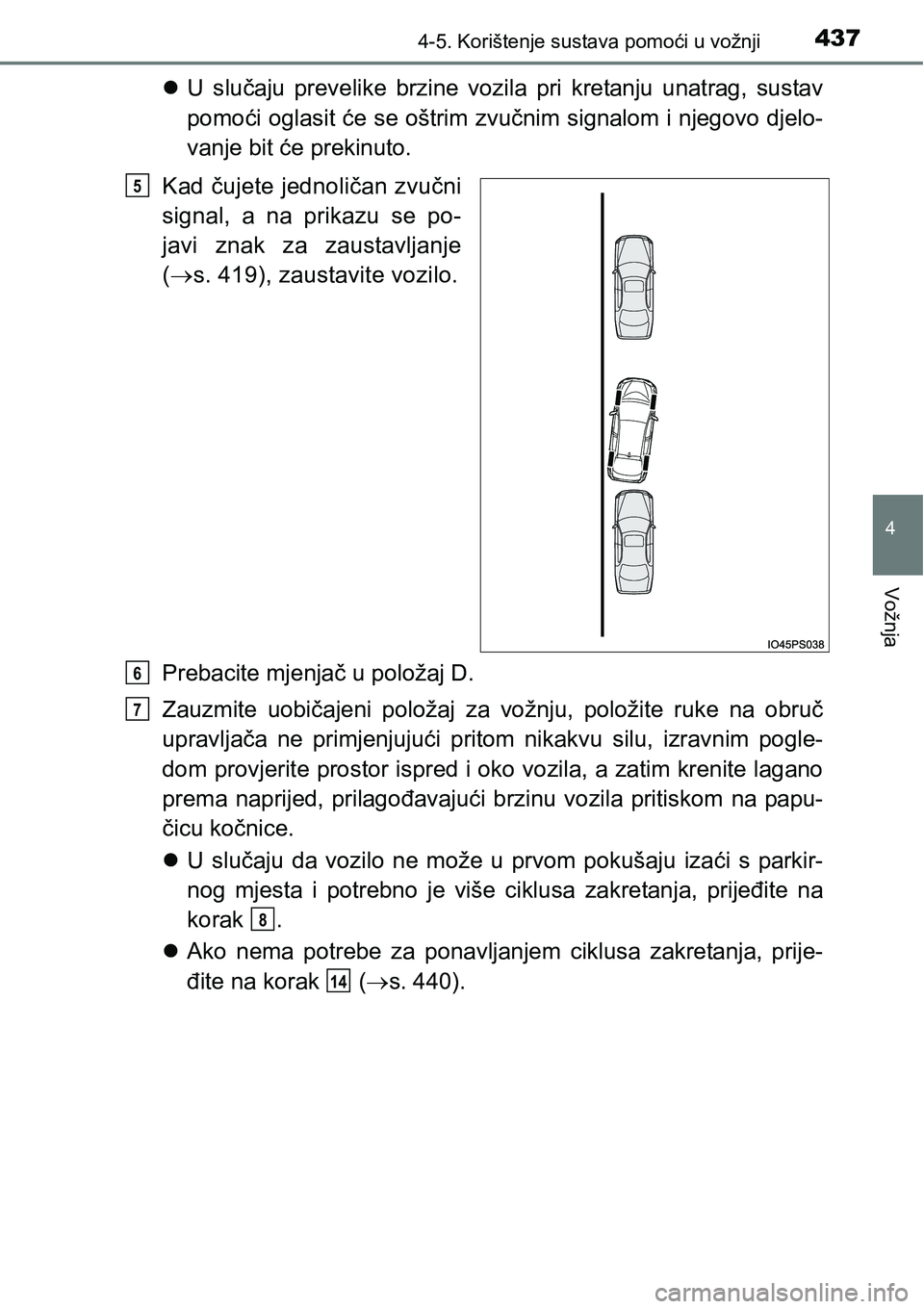 TOYOTA PRIUS 2017 Upute Za Rukovanje (in Croatian) 4374-5. Korištenje sustava pomoći u vožnji
4
Vožnja
U slučaju prevelike brzine vozila pri kretanju unatrag, sustav
pomoći oglasit će se oštrim zvučnim signalom i njegovo djelo-
vanje bit TOYOTA PRIUS 2017 Upute Za Rukovanje (in Croatian) 4374-5. Korištenje sustava pomoći u vožnji
4
Vožnja
U slučaju prevelike brzine vozila pri kretanju unatrag, sustav
pomoći oglasit će se oštrim zvučnim signalom i njegovo djelo-
vanje bit