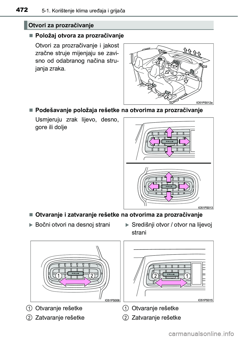 TOYOTA PRIUS 2017 Upute Za Rukovanje (in Croatian) 4725-1. Korištenje klima uređaja i grijača
Položaj otvora za prozračivanje
Otvori za prozračivanje i jakost
zračne struje mijenjaju se zavi-
sno od odabranog načina stru-
janja zraka.
Po TOYOTA PRIUS 2017 Upute Za Rukovanje (in Croatian) 4725-1. Korištenje klima uređaja i grijača
Položaj otvora za prozračivanje
Otvori za prozračivanje i jakost
zračne struje mijenjaju se zavi-
sno od odabranog načina stru-
janja zraka.
Po