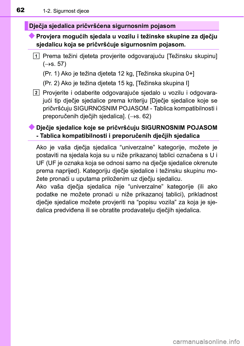 TOYOTA PRIUS 2017  Upute Za Rukovanje (in Croatian) 621-2. Sigurnost djece
Provjera mogućih sjedala u vozilu i težinske skupine za dječju
sjedalicu koja se pričvršćuje sigurnosnim pojasom.
Prema težini djeteta provjerite odgovarajuću [Težin