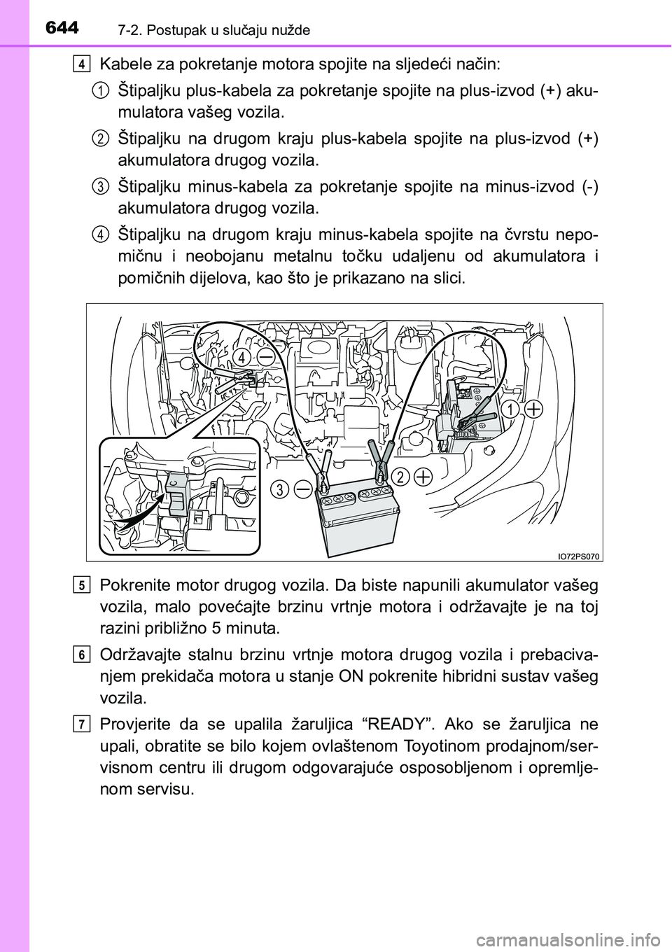 TOYOTA PRIUS 2017  Upute Za Rukovanje (in Croatian) 6447-2. Postupak u slučaju nužde
Kabele za pokretanje motora spojite na sljedeći način:
Štipaljku plus-kabela za pokretanje spojite na plus-izvod (+) aku-
mulatora vašeg vozila.
Štipaljku na dr