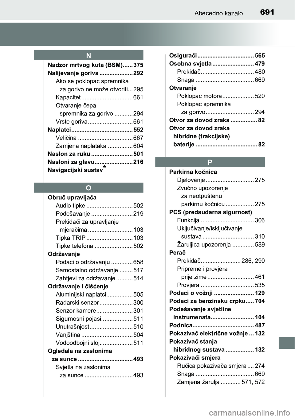 TOYOTA PRIUS 2017  Upute Za Rukovanje (in Croatian) 691Abecedno kazalo
Nadzor mrtvog kuta (BSM)...... 375
Nalijevanje goriva .................... 292
Ako se poklopac spremnika 
za gorivo ne može otvoriti... 295
Kapacitet ..............................