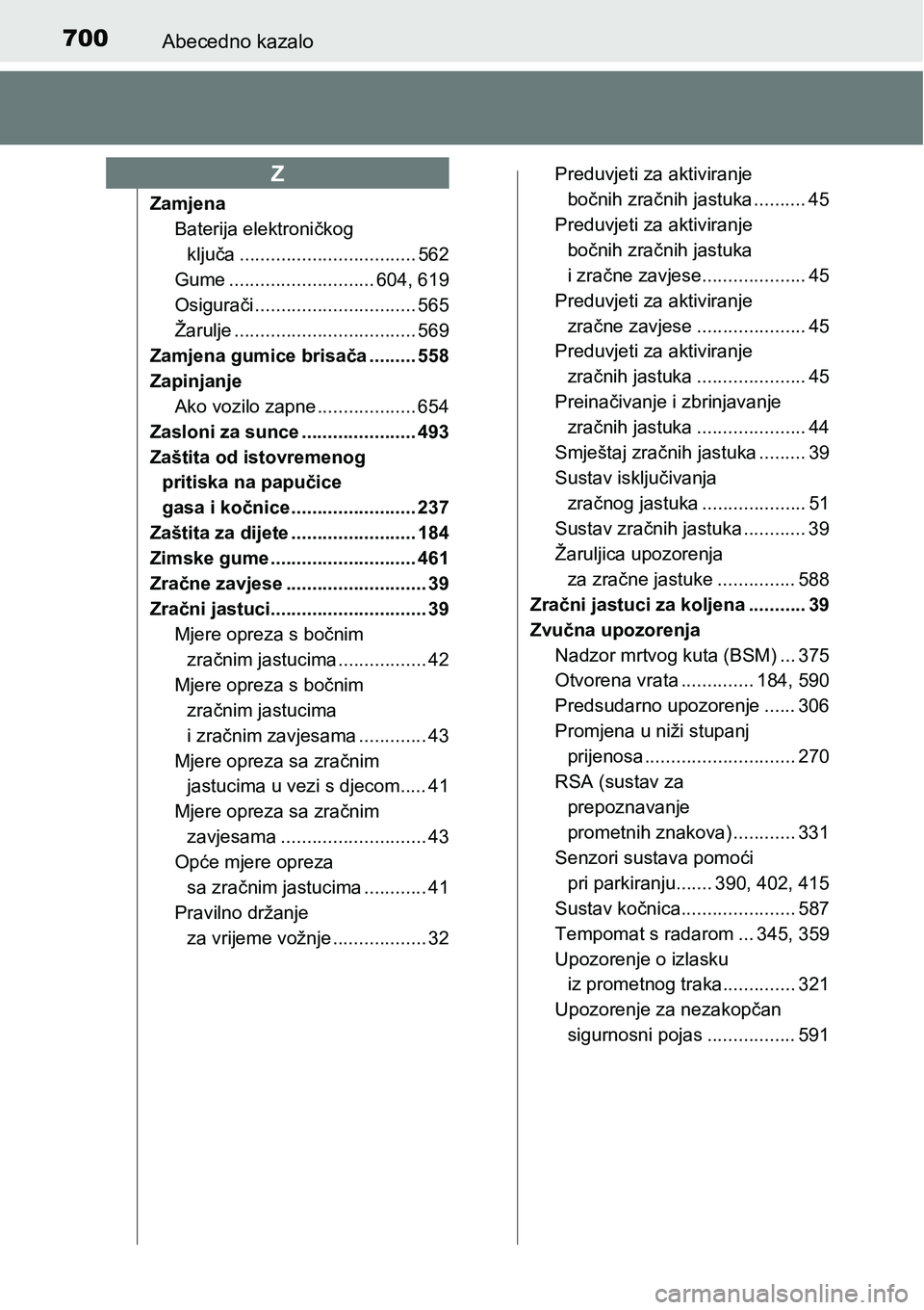 TOYOTA PRIUS 2017  Upute Za Rukovanje (in Croatian) 700Abecedno kazalo
Zamjena
Baterija elektroničkog 
ključa .................................. 562
Gume ............................ 604, 619
Osigurači ............................... 565
Žarulje ..