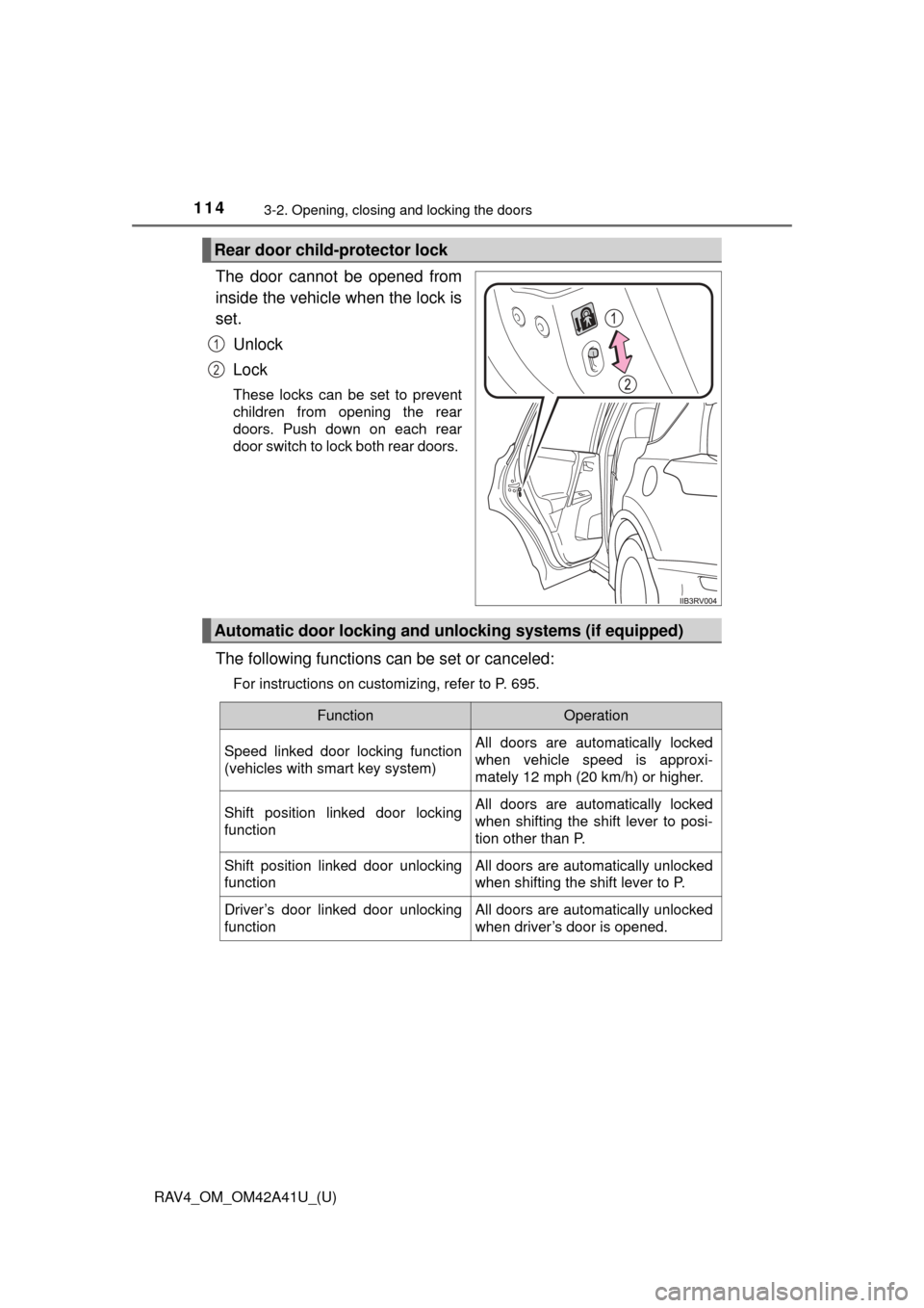 TOYOTA RAV4 2016 XA40 / 4.G Owners Manual 114
RAV4_OM_OM42A41U_(U)
3-2. Opening, closing and locking the doors
The door cannot be opened from
inside the vehicle when the lock is
set.Unlock
Lock
These locks can be set to prevent
children from TOYOTA RAV4 2016 XA40 / 4.G Owners Manual 114
RAV4_OM_OM42A41U_(U)
3-2. Opening, closing and locking the doors
The door cannot be opened from
inside the vehicle when the lock is
set.Unlock
Lock
These locks can be set to prevent
children from