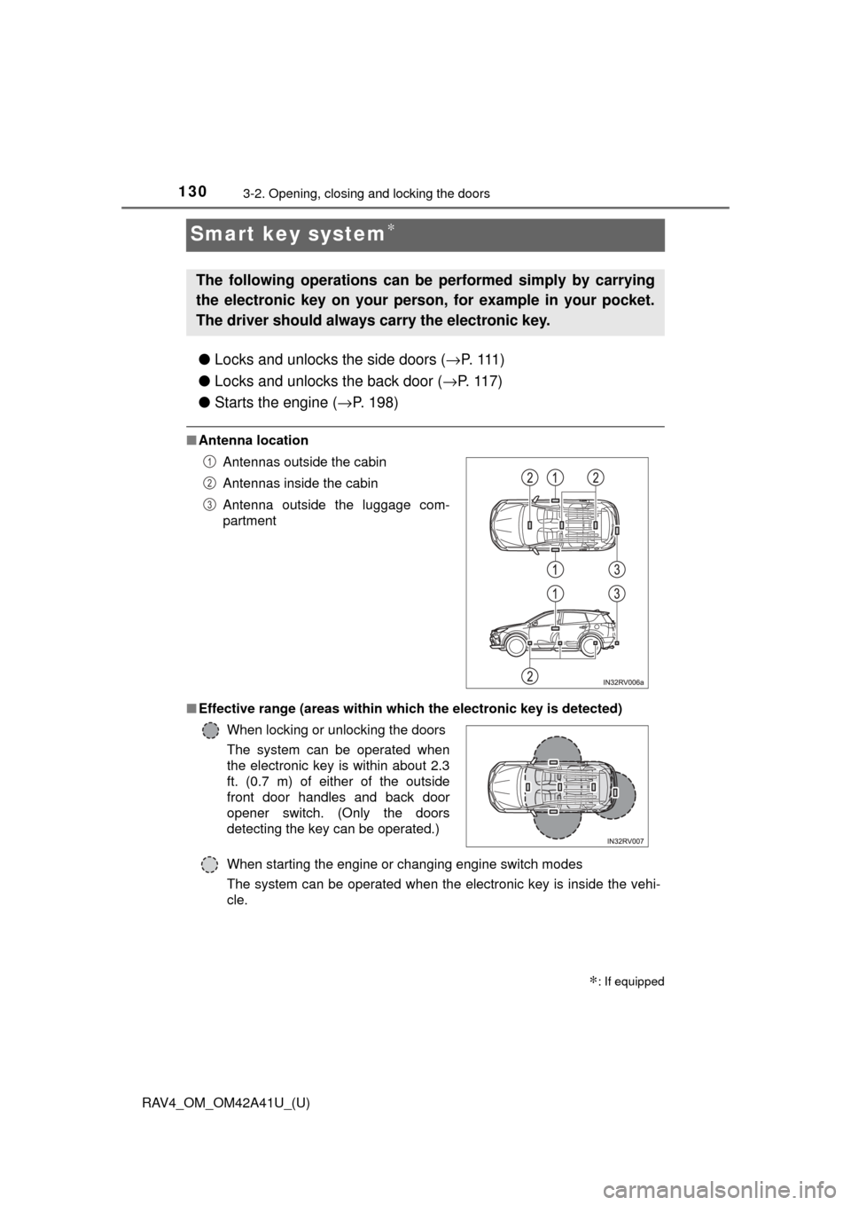 TOYOTA RAV4 2016 XA40 / 4.G Owners Manual 130
RAV4_OM_OM42A41U_(U)
3-2. Opening, closing and locking the doors
Smart key system∗
●Locks and unlocks the side doors ( →P. 1 1 1 )
● Locks and unlocks the back door ( →P. 117)
● Start TOYOTA RAV4 2016 XA40 / 4.G Owners Manual 130
RAV4_OM_OM42A41U_(U)
3-2. Opening, closing and locking the doors
Smart key system∗
●Locks and unlocks the side doors ( →P. 1 1 1 )
● Locks and unlocks the back door ( →P. 117)
● Start