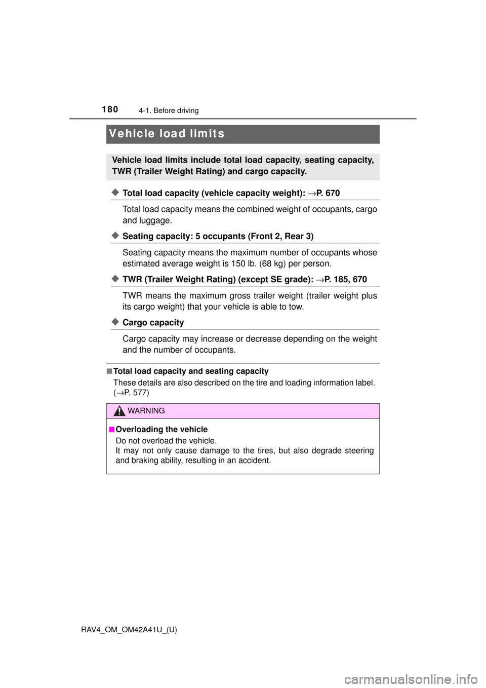 TOYOTA RAV4 2016 XA40 / 4.G Owners Manual 180
RAV4_OM_OM42A41U_(U)
4-1. Before driving
Vehicle load limits
◆Total load capacity (vehicle capacity weight): →P. 670
Total load capacity means the comb ined weight of occupants, cargo
and lugg