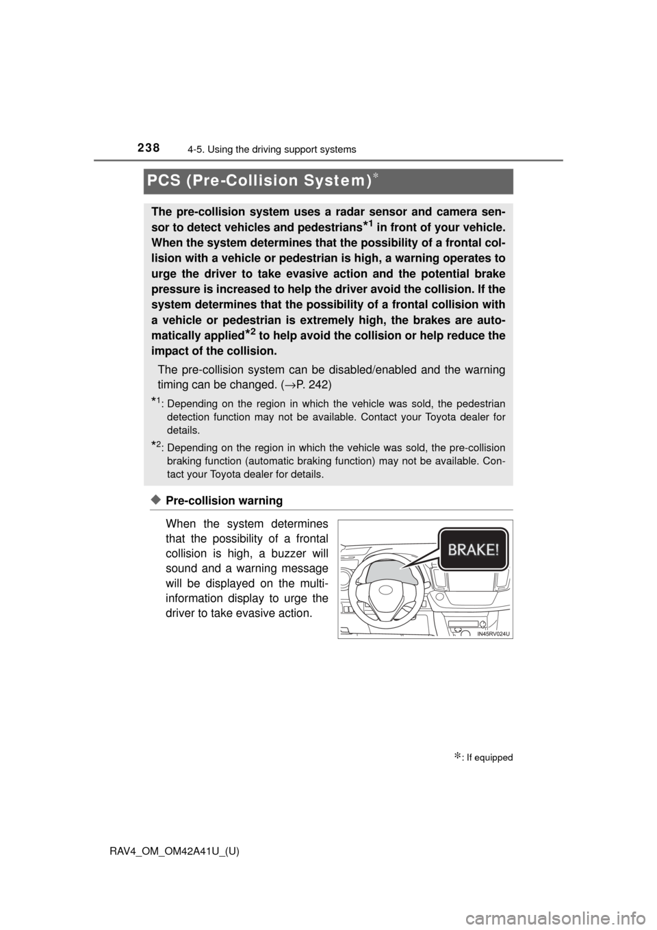 TOYOTA RAV4 2016 XA40 / 4.G Owners Manual 238
RAV4_OM_OM42A41U_(U)
4-5. Using the driving support systems
PCS (Pre-Collision System)∗
◆Pre-collision warning
When the system determines
that the possibility of a frontal
collision is high, a