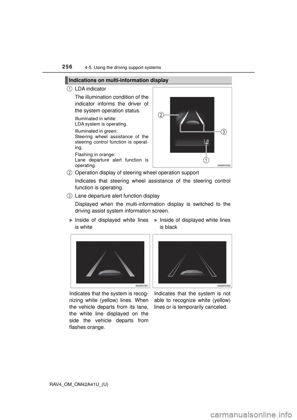 TOYOTA RAV4 2016 XA40 / 4.G Owners Manual 256
RAV4_OM_OM42A41U_(U)
4-5. Using the driving support systems
LDA indicator
The illumination condition of the
indicator informs the driver of
the system operation status.
Illuminated in white:
LDA TOYOTA RAV4 2016 XA40 / 4.G Owners Manual 256
RAV4_OM_OM42A41U_(U)
4-5. Using the driving support systems
LDA indicator
The illumination condition of the
indicator informs the driver of
the system operation status.
Illuminated in white:
LDA