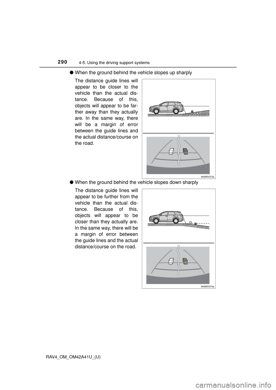 TOYOTA RAV4 2016 XA40 / 4.G Owners Manual 290
RAV4_OM_OM42A41U_(U)
4-5. Using the driving support systems
●When the ground behind the vehicle slopes up sharply
The distance guide lines will
appear to be closer to the
vehicle than the actual