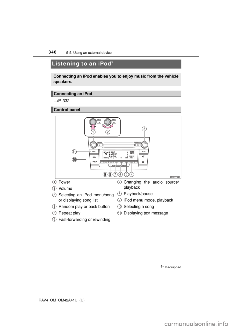 TOYOTA RAV4 2016 XA40 / 4.G Owners Manual 348
RAV4_OM_OM42A41U_(U)
5-5. Using an external device
Listening to an iPod∗
→P. 3 3 2
∗: If equipped
Connecting an iPod enables you to enjoy music from the vehicle
speakers.
Connecting an iPod TOYOTA RAV4 2016 XA40 / 4.G Owners Manual 348
RAV4_OM_OM42A41U_(U)
5-5. Using an external device
Listening to an iPod∗
→P. 3 3 2
∗: If equipped
Connecting an iPod enables you to enjoy music from the vehicle
speakers.
Connecting an iPod