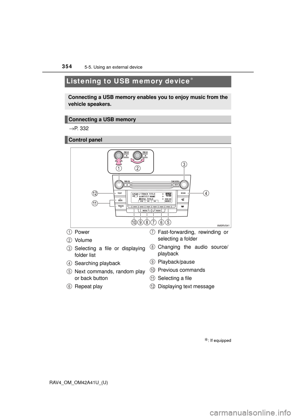TOYOTA RAV4 2016 XA40 / 4.G Owners Manual 354
RAV4_OM_OM42A41U_(U)
5-5. Using an external device
Listening to USB memory device∗
→P. 3 3 2
∗: If equipped
Connecting a USB memory enables you to enjoy music from the
vehicle speakers.
Con TOYOTA RAV4 2016 XA40 / 4.G Owners Manual 354
RAV4_OM_OM42A41U_(U)
5-5. Using an external device
Listening to USB memory device∗
→P. 3 3 2
∗: If equipped
Connecting a USB memory enables you to enjoy music from the
vehicle speakers.
Con